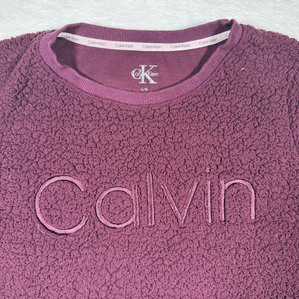 Calvin Klein Burgundy Sherpa Fleece Crewneck Sweatshirt Pullover Logo L G Womens - Picture 4 of 7